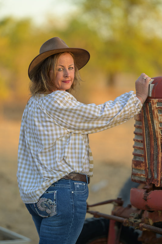 Windmill Smock Top Cotton - Natural Gingham
