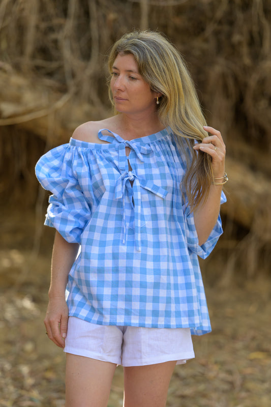 Windmill Smock Top Cotton - Blue Gingham