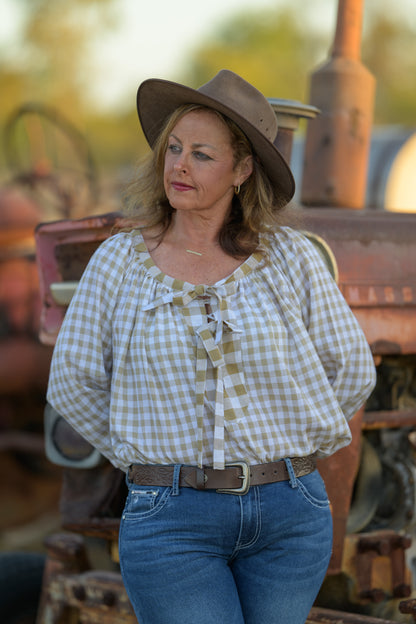 Windmill Smock Top Cotton - Natural Gingham