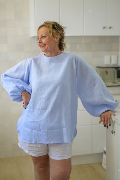 Dancing River Top Pure Linen - Sky Blue