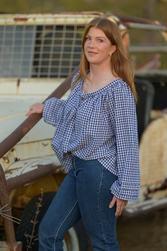 Windmill Smock Top Cotton - Navy Gingham