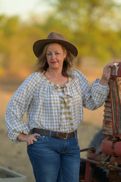 Windmill Smock Top Cotton - Natural Gingham