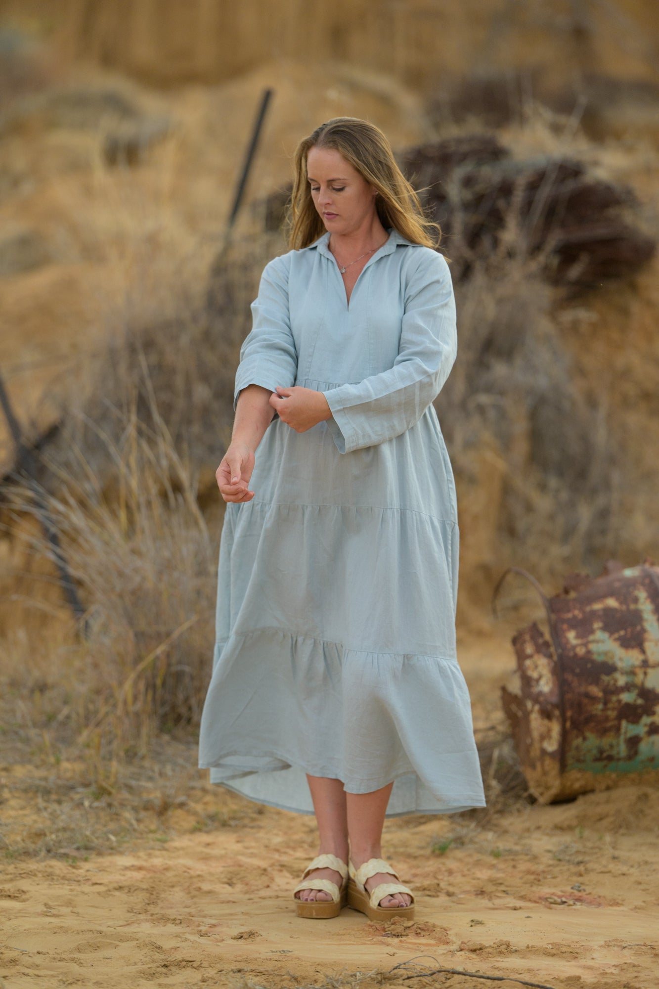 Desert Bloom Linen Long dress - Seafoam
