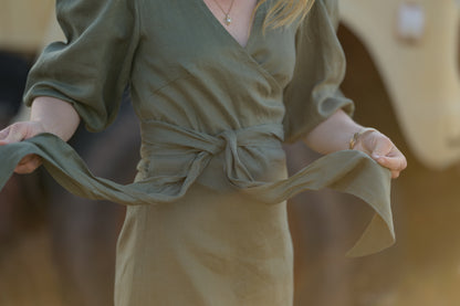 Drovers Dream Premium Linen Dress - Khaki Green