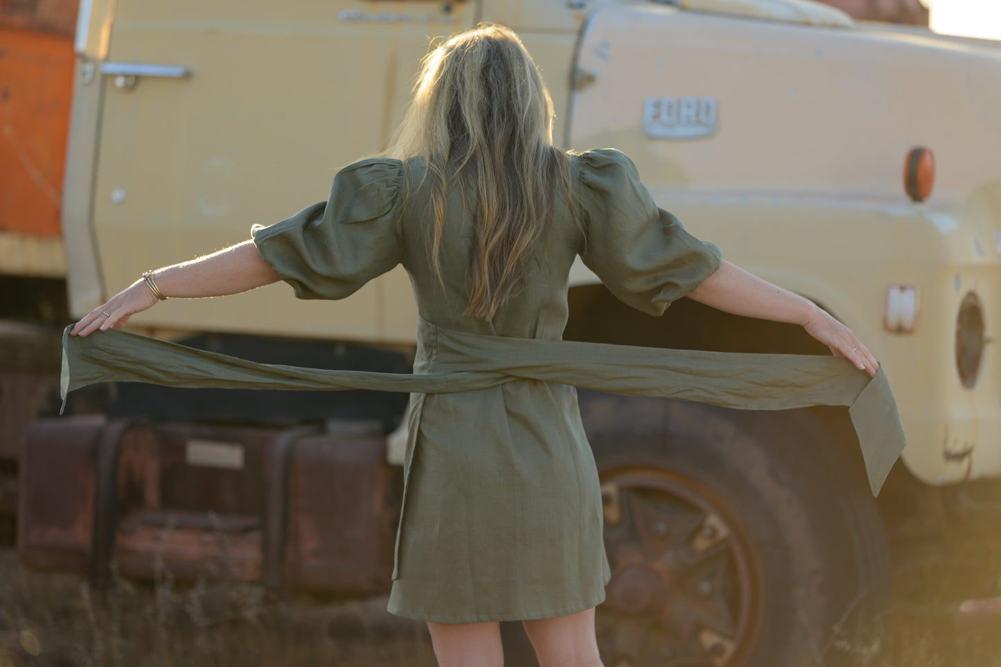 Drovers Dream Premium Linen Dress - Khaki Green